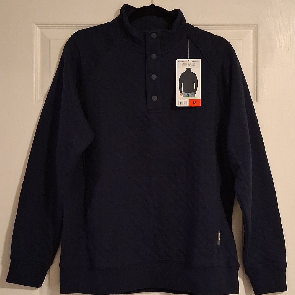 Eddie Bauer NEW Men's Medium Navy Blue Quilted Quarter Snap Pullover Sweater